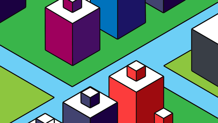 Isometric abstract cityscape with colorful buildings and roads