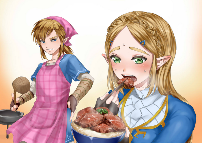 Link and Princess Zelda from The Legend of Zelda cooking