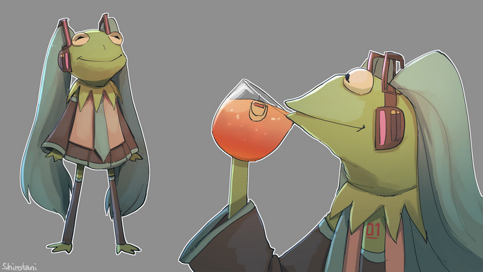 Kermit the Frog dressed as Hatsune Miku drinking tea