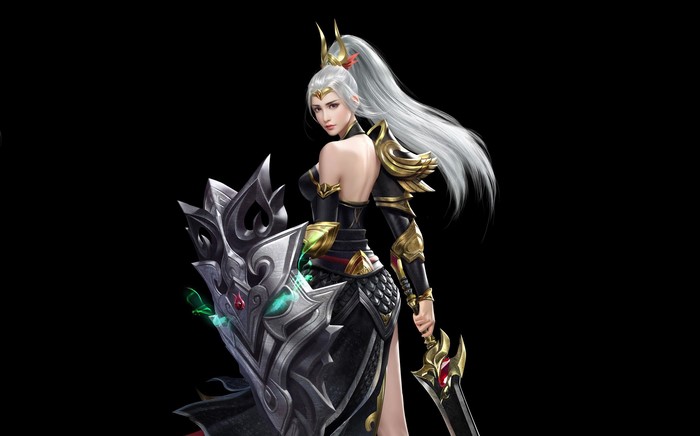 Fantasy warrior woman with white hair holding a sword and shield