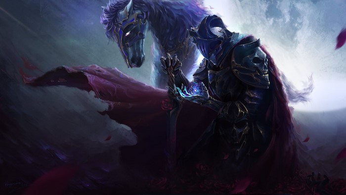 Knight in dark armor with a horse and roses