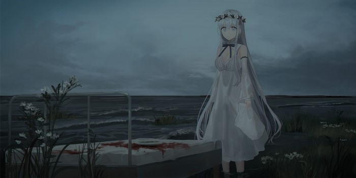 Anime girl with white hair and a flower crown by the sea