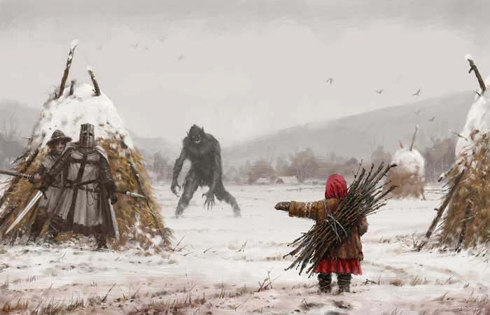 Little Red Riding Hood and knights face a werewolf in the snow