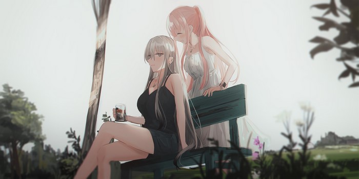 Two anime girls with pink and white hair sitting on a bench