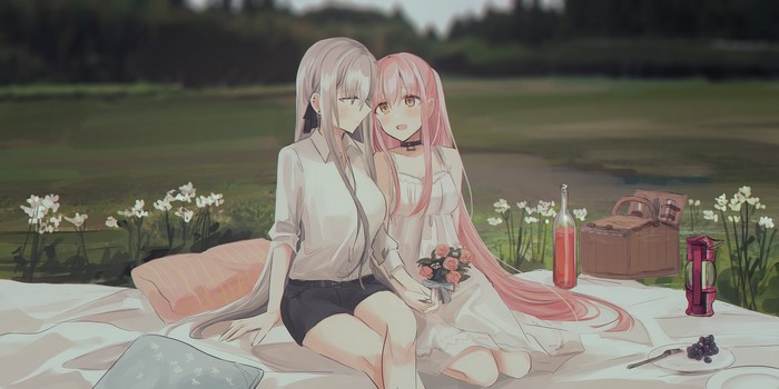Two anime girls having a picnic in a field