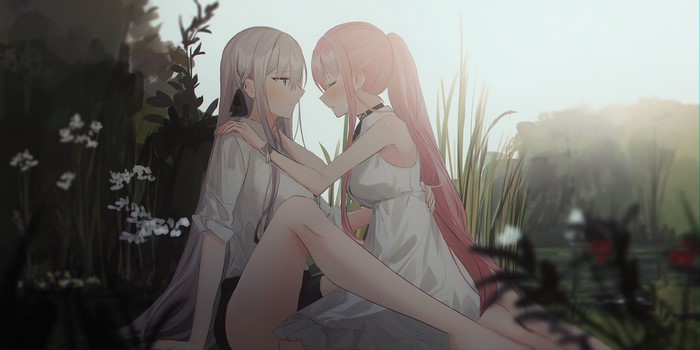 Two anime girls with white and pink hair in nature