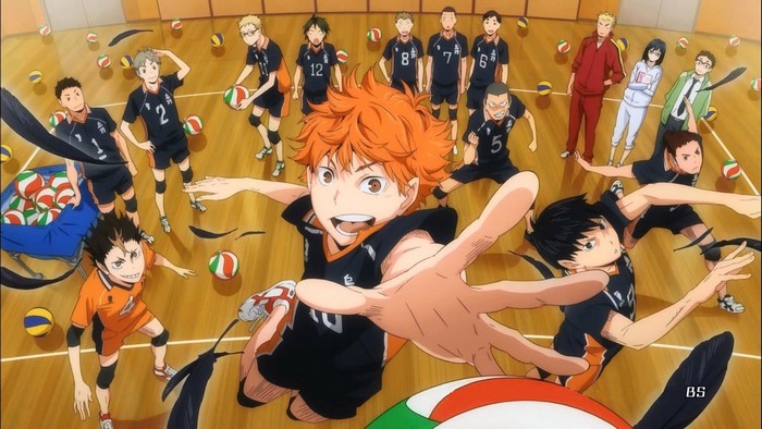 Haikyuu!! characters on a volleyball court