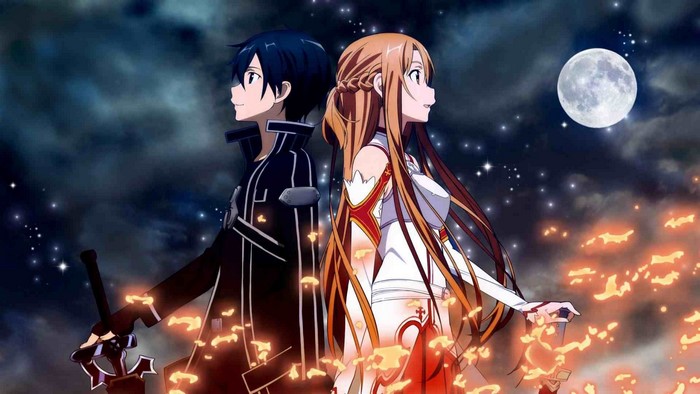 Kirito and Asuna from Sword Art Online under the Moon