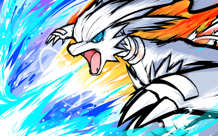 Reshiram from Pokémon with blue and orange energy