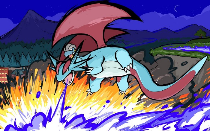 Salamence from Pokémon attacking with fire and water