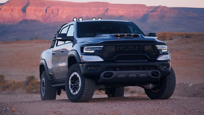 Ram 1500 TRX Pickup Truck in Desert Landscape 4K