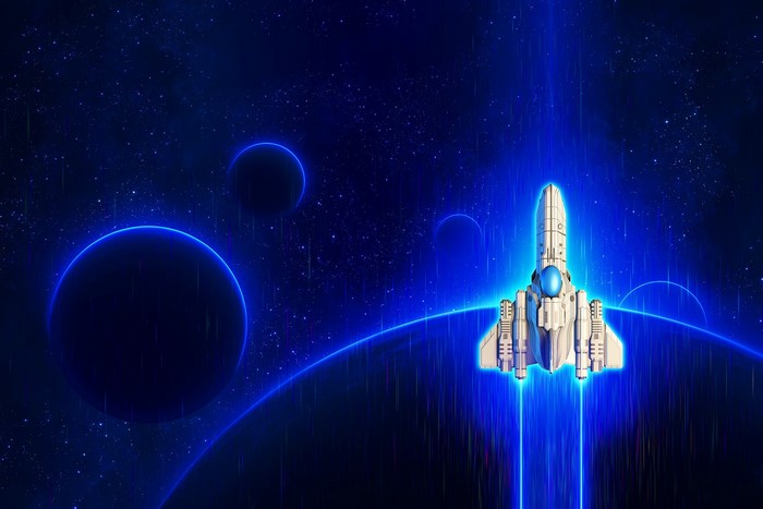Spaceship flying through a starry galaxy with planets