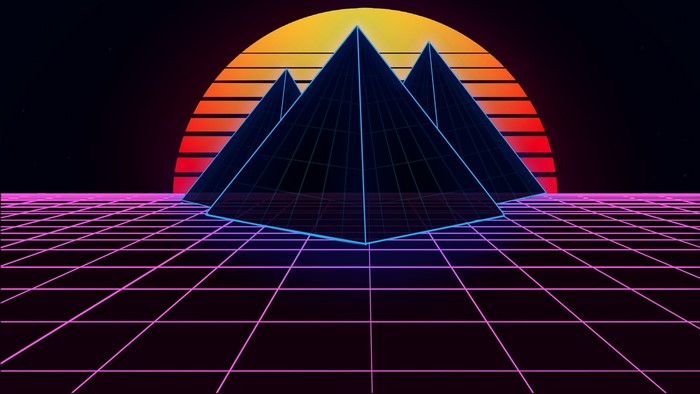 Wireframe pyramids on a grid with a sunset