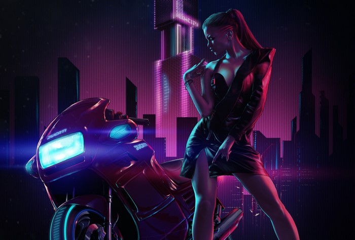 Woman with Ducati motorcycle in cyberpunk city