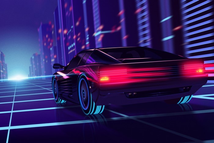 Synthwave Ferrari Testarossa driving through neon city