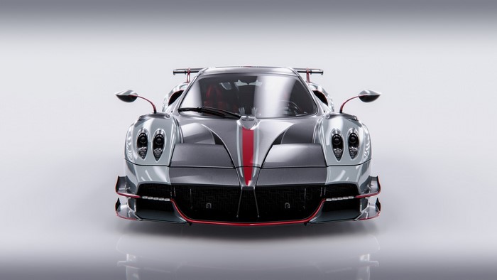 Silver Pagani Huayra R supercar with red accents