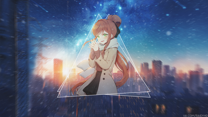 Monika from Doki Doki Literature Club in a city at night