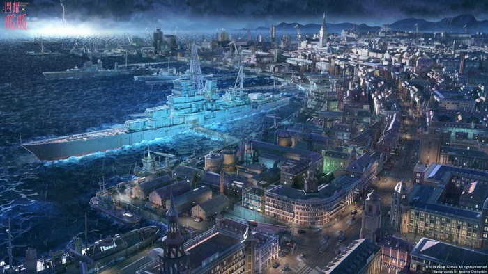 Anime artwork of a city and naval fleet during a storm