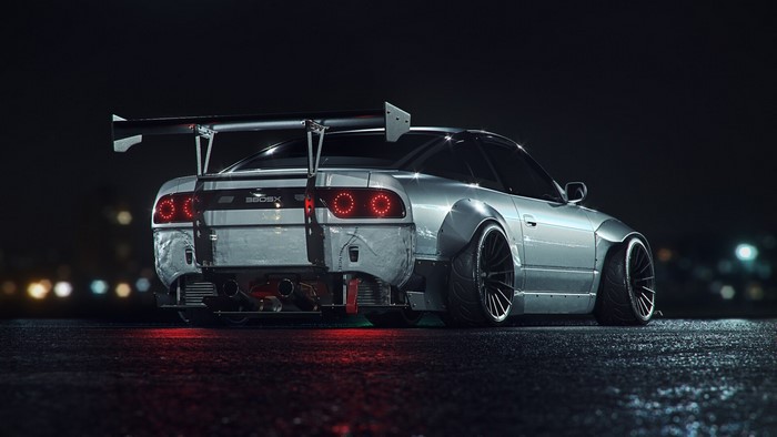 Nissan 360SX widebody with a large rear wing at night