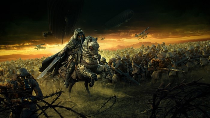 World War I soldiers and airships in a battlefield