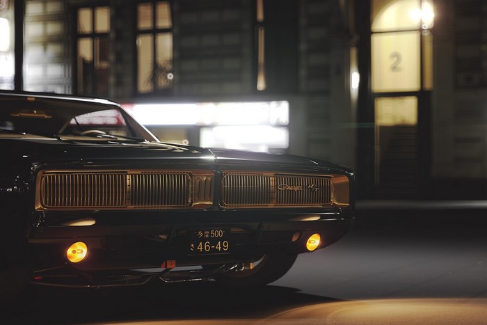 Black Dodge Charger R/T car at night
