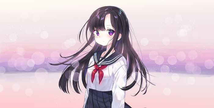 Girl with black hair and purple eyes in school uniform
