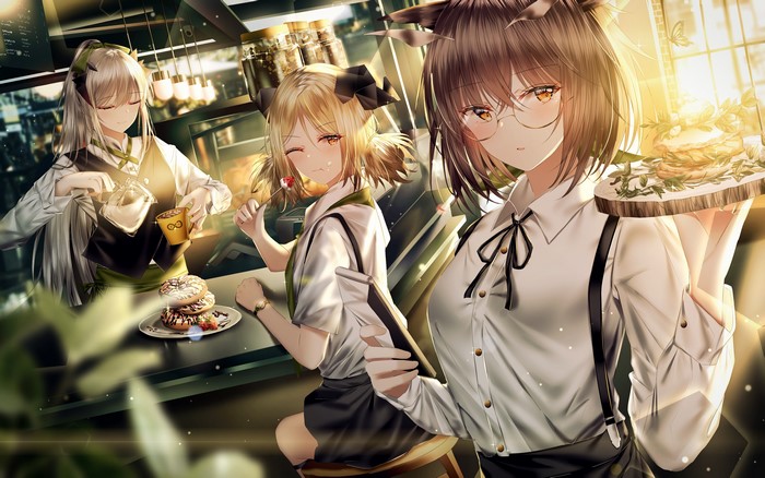 Anime girls in a cafe with food and drinks