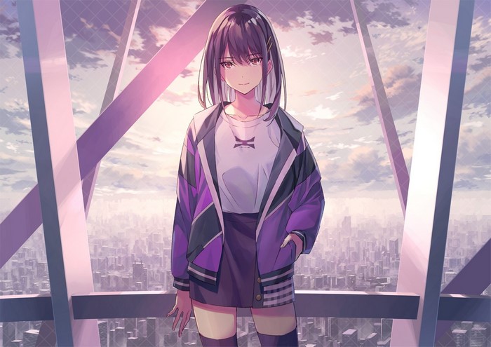Anime girl in jacket overlooking cityscape