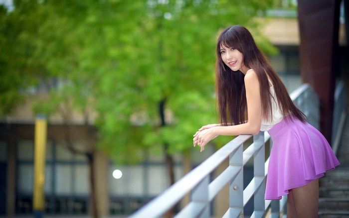 Asian Model with Long Hair and Purple Skirt