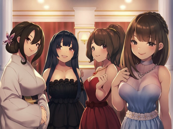 Four anime girls in formal attire