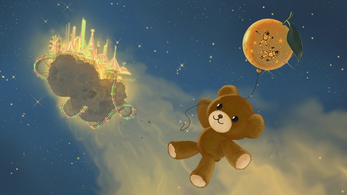 Teddy bear holding an orange balloon with astronauts