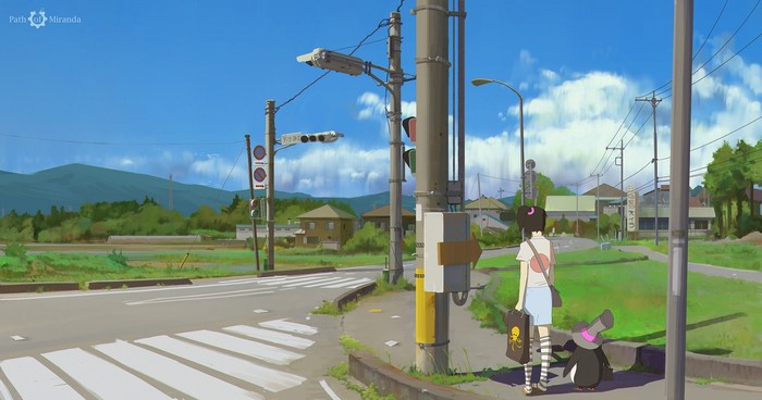 Anime girl and penguin at a street intersection