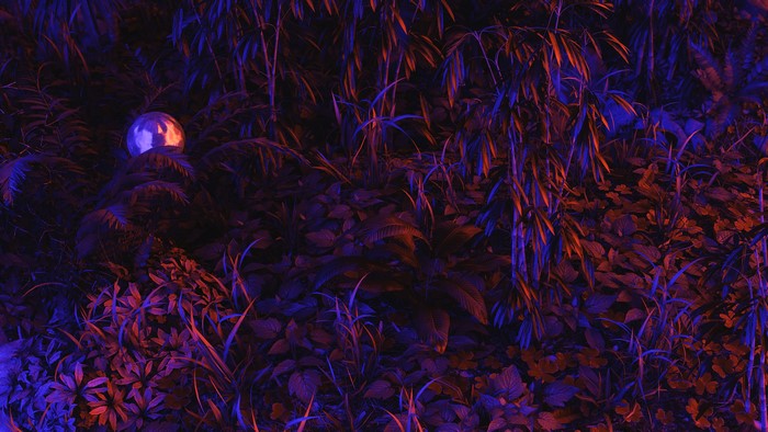 A reflective ball in a neon-lit jungle with bamboo and ferns