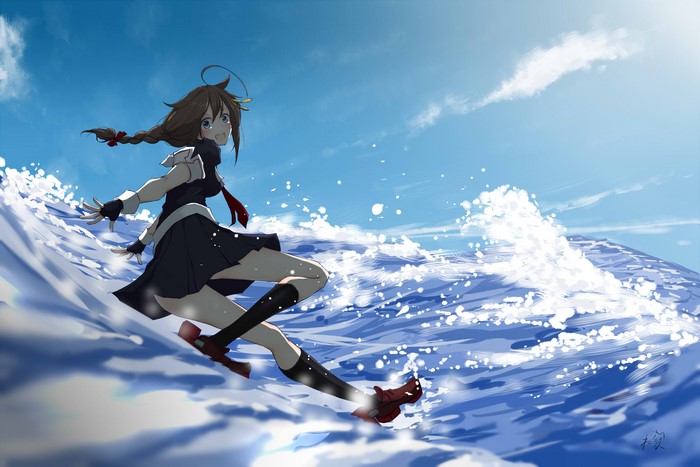 Shigure from Kantai Collection surfing on a wave