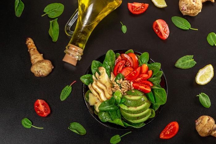 Salad with Avocado, Tomato, and Jerusalem Artichoke