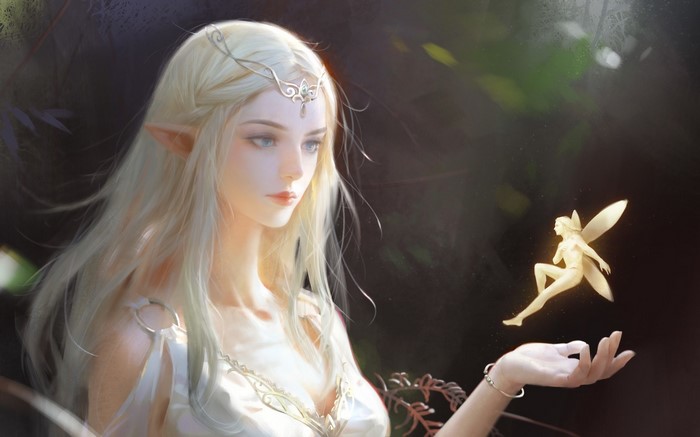 Blonde elf girl with pointy ears and a fairy