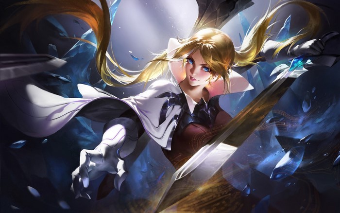 Fantasy girl with blonde hair and blue eyes wielding a sword
