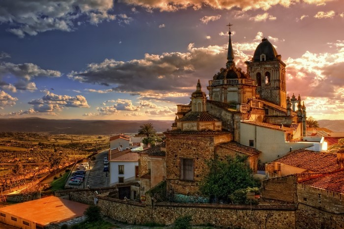 Church in Jerez de Los Caballeros, Spain at sunset