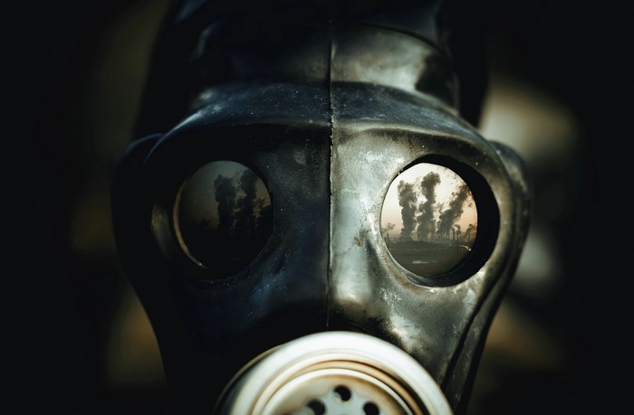 Gas mask reflecting industrial pollution