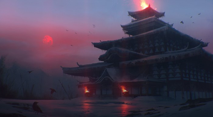 Japanese castle on fire during a red moon