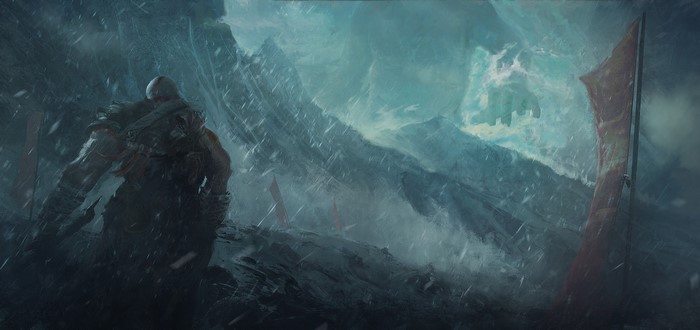 Kratos from God of War in a snowy mountain landscape
