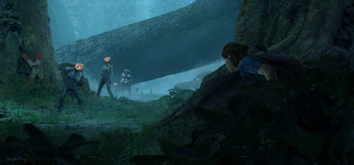 Ellie from The Last of Us 2 in a forest with infected