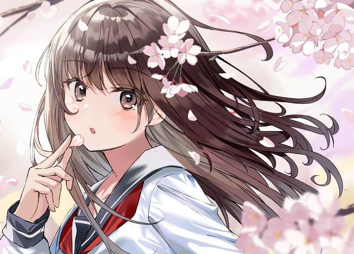 Girl with Brown Hair and Cherry Blossoms
