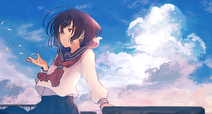 Girl in Sailor Uniform Looking at Petals in the Sky