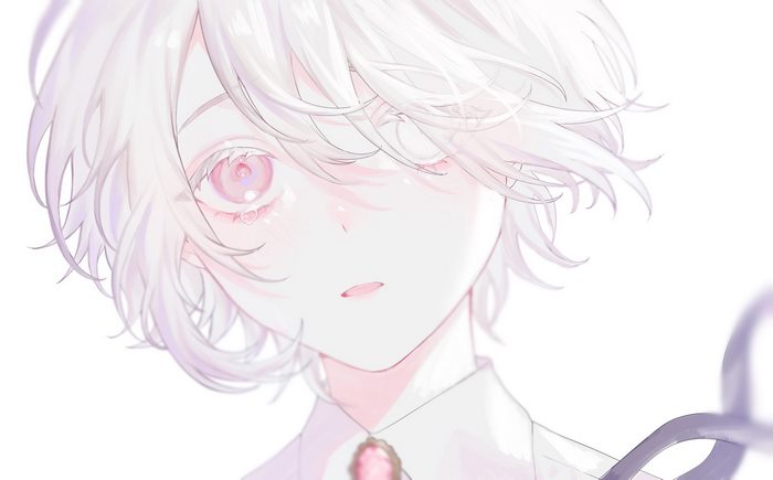 Anime boy with short white hair and pink eyes