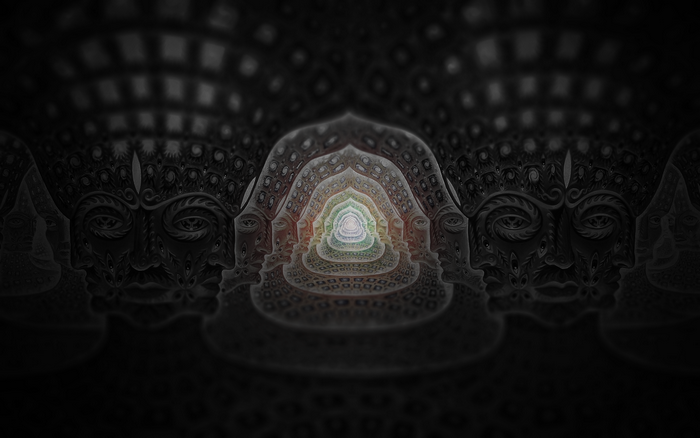 Abstract fractal art with repeating faces and tunnel