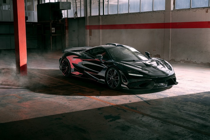 Black McLaren 765LT 4K in a garage
