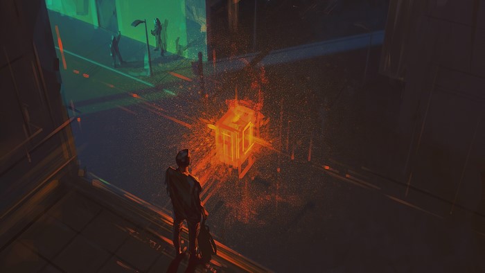 Man watches a glowing object explode in a dark city street