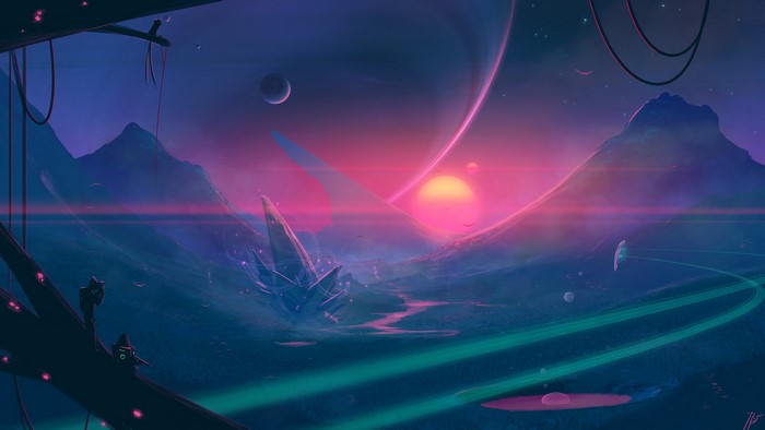 Alien landscape with planets and rings at sunset