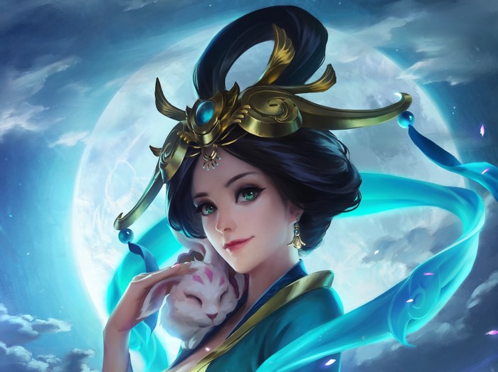 Fantasy art of a woman with a rabbit and the moon